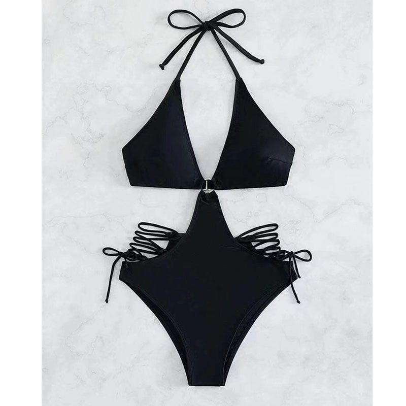 Fashion Black Spandex Halterneck Tie-up Swimsuit