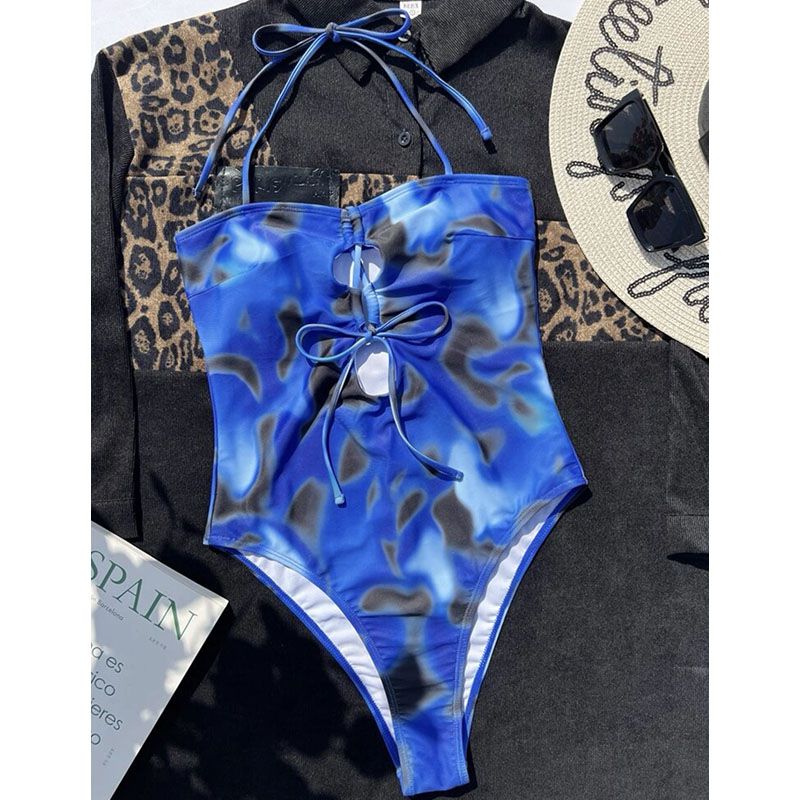 Fashion Blue Spandex Printed Halterneck Lace-up Cutout Swimsuit