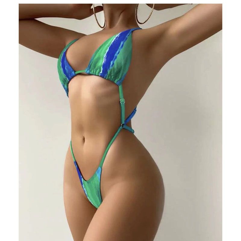 Fashion Green Spandex Colorful Straps Hollow One-piece Swimsuit