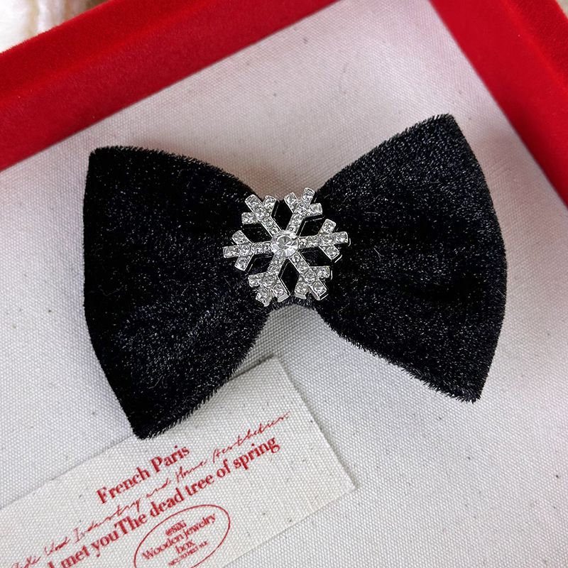 Fashion C Diamond Snowflake Black Bow Rhinestone Snowflake Velvet Bow Hairpin
