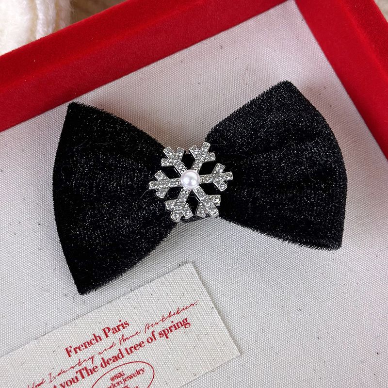 Fashion D Pearl Rhinestone Snowflake Black Bow Rhinestone Snowflake Velvet Bow Hairpin
