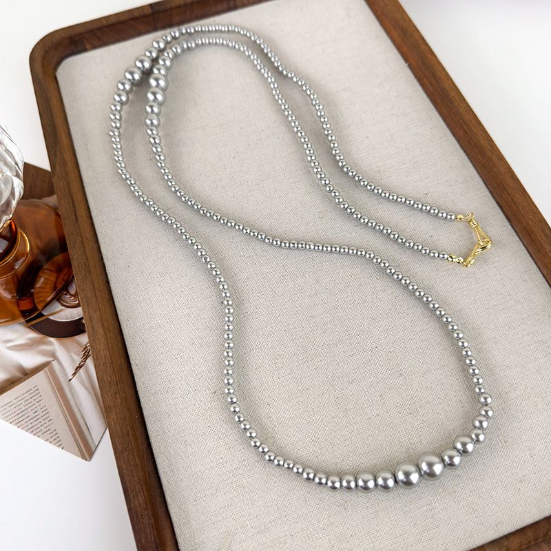 Fashion Silver Gray Beads Large And Small Pearl Beads Necklace