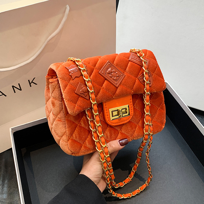 Fashion Orange Velvet Diamond Lock Flap Crossbody Bag