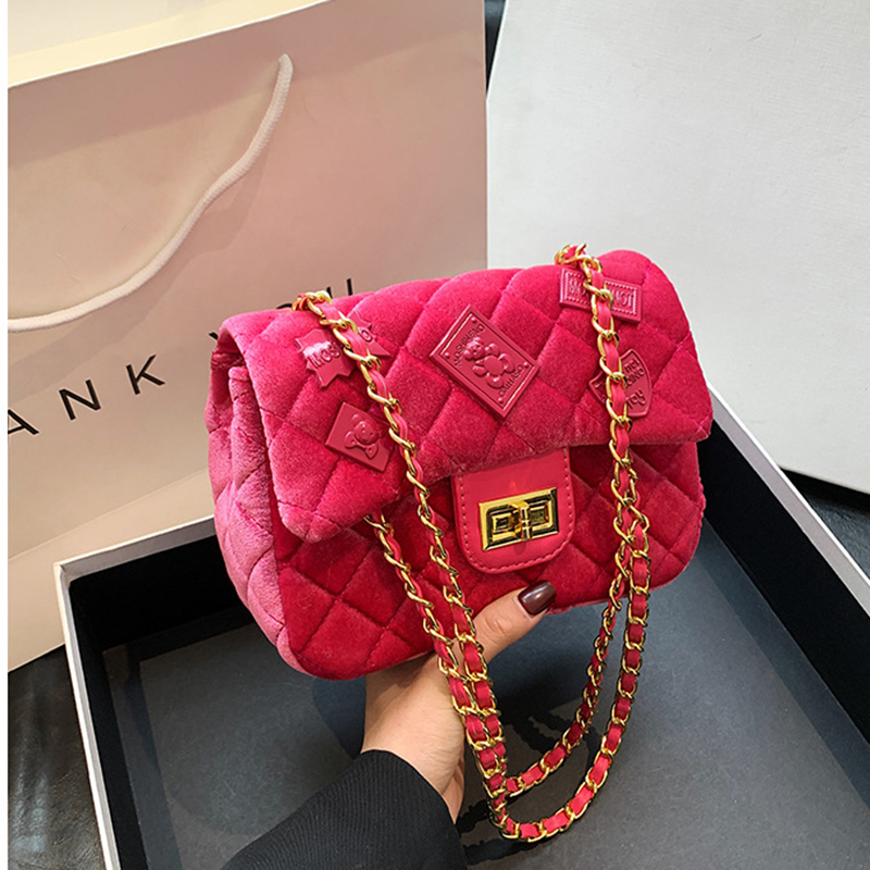 Fashion Rose Red Velvet Diamond Lock Flap Crossbody Bag