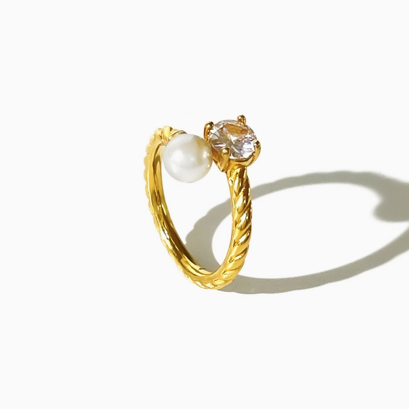 Fashion Gold Titanium Steel Inlaid Pearl And Diamond Open Ring