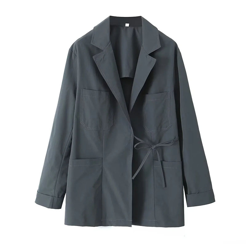 Fashion Dark Gray Polyester Lapel Lace-up Multi-pocket Jacket