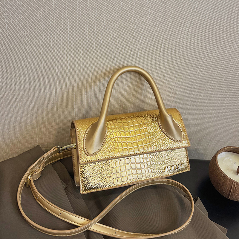 Fashion Gold Pu Crocodile Pattern Flap Crossbody Bag