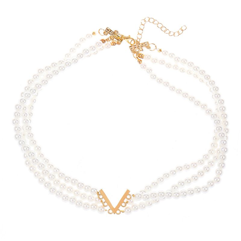 Fashion Necklace Multi-layered Pearl Beaded V-shaped Choker