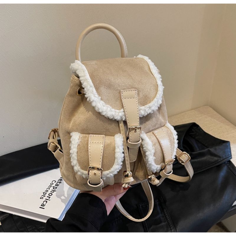 Fashion Khaki Lambswool Frosted Large Capacity Backpack