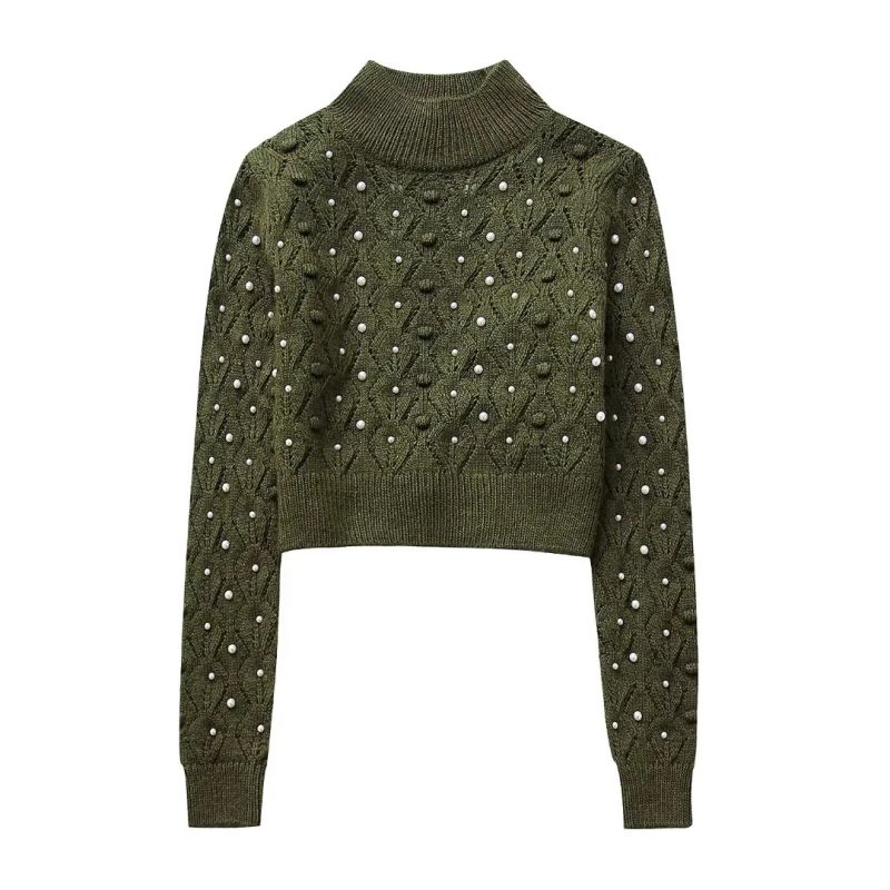 Fashion Green Faux Pearl Embellished Knitted Sweater