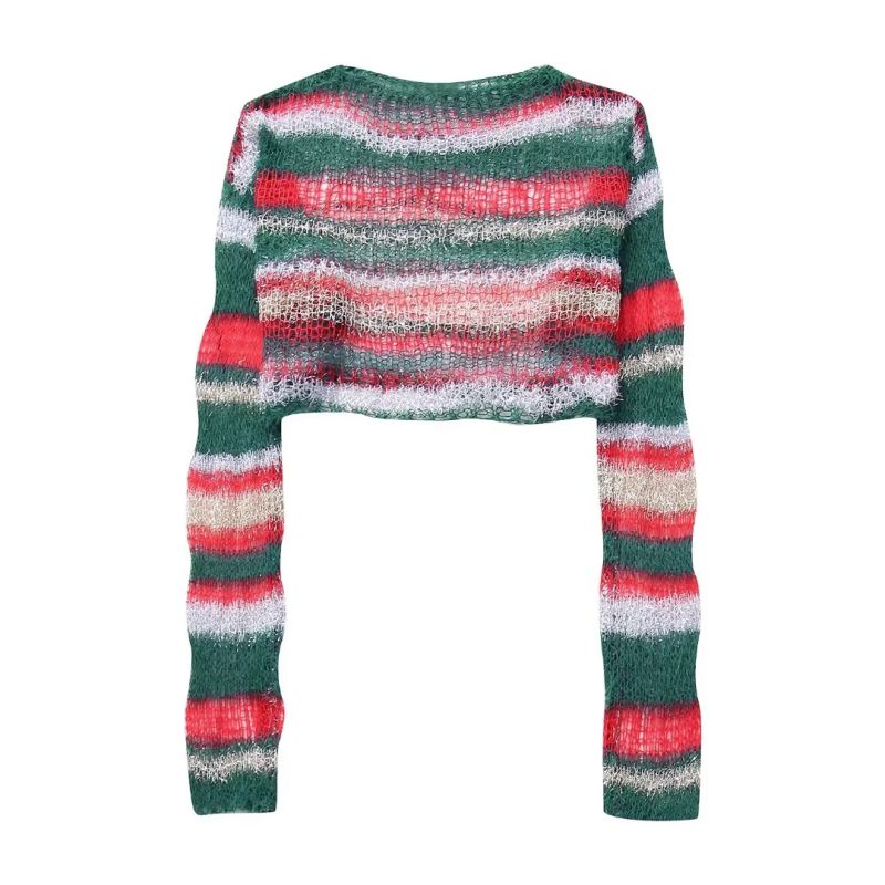 Fashion Red And Green Stripes Striped Knit Top