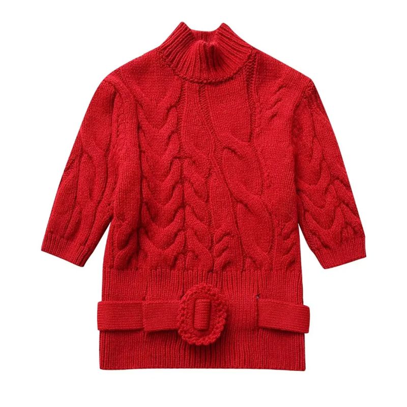 Fashion Red Belted Knitted Sweater