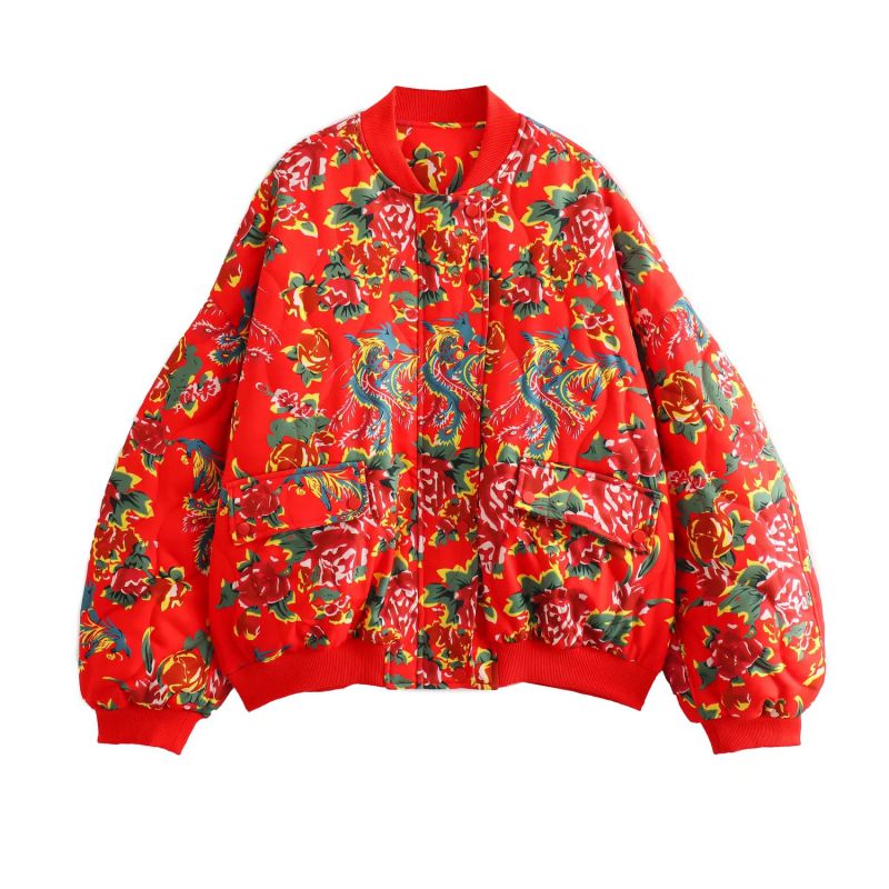 Fashion Red Cotton Printed Stand Collar Jacket