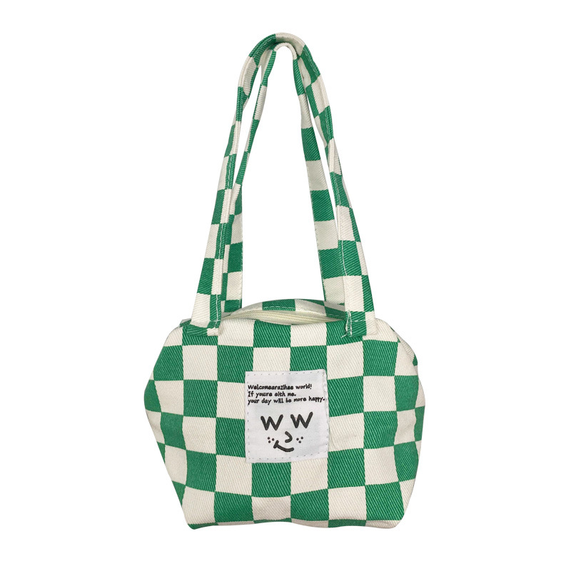 Fashion Green And White Ww Label Zipper Handbag Canvas Letter Patch Plaid Large Capacity Handbag