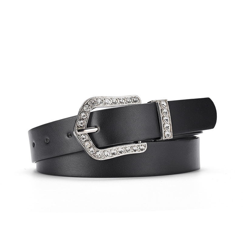 Fashion Black Pu Diamond-encrusted Metal Buckle Wide Belt