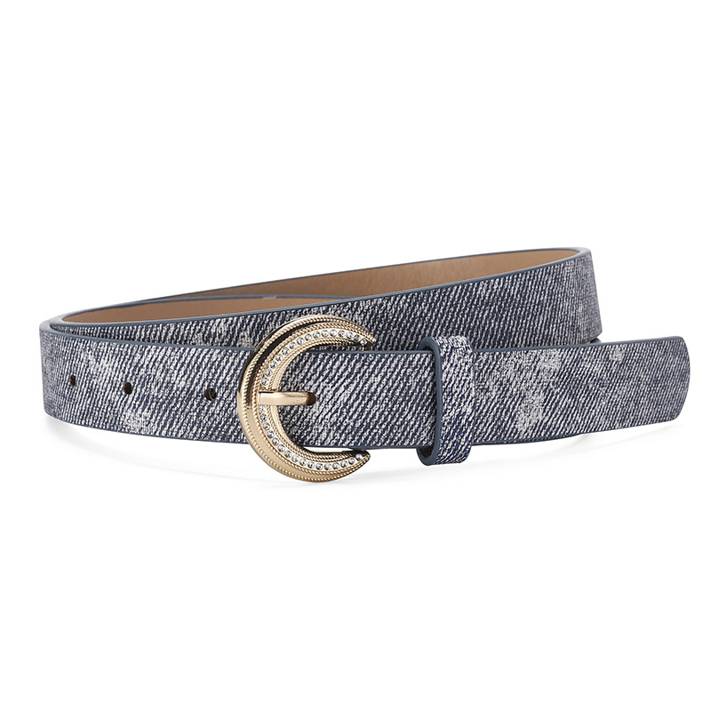 Fashion Denim Color Wide Belt With Diamond Pin Buckle In Metal