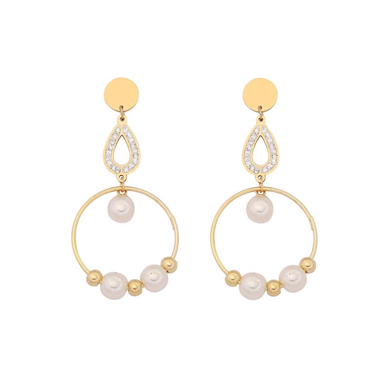 Fashion 3# Water Drop Stainless Steel Drop-shaped Pearl Beaded Round Earrings With Diamonds