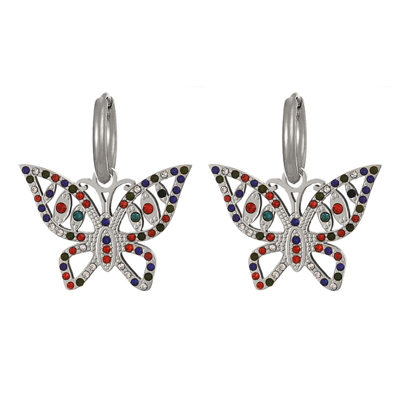 Fashion Silver 5 Titanium Steel Inlaid Zirconium Butterfly Earrings