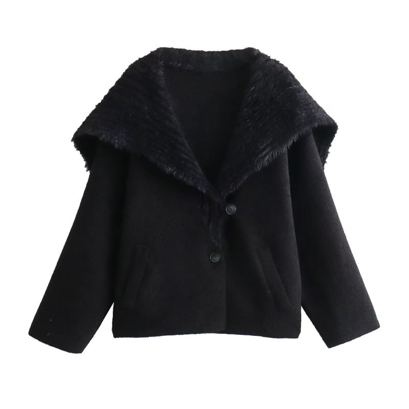 Fashion Black Faux Mink Knitted Jacket With Large Lapel