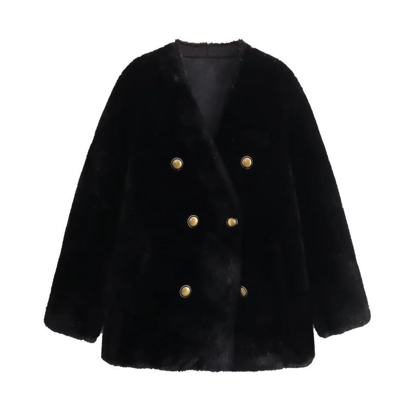 Fashion Black Fur Integrated V-neck Double-breasted Jacket