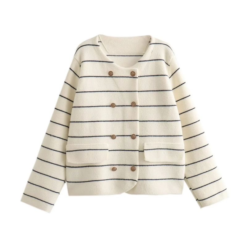 Fashion Beige Striped Crew Neck Double-breasted Knitted Jacket