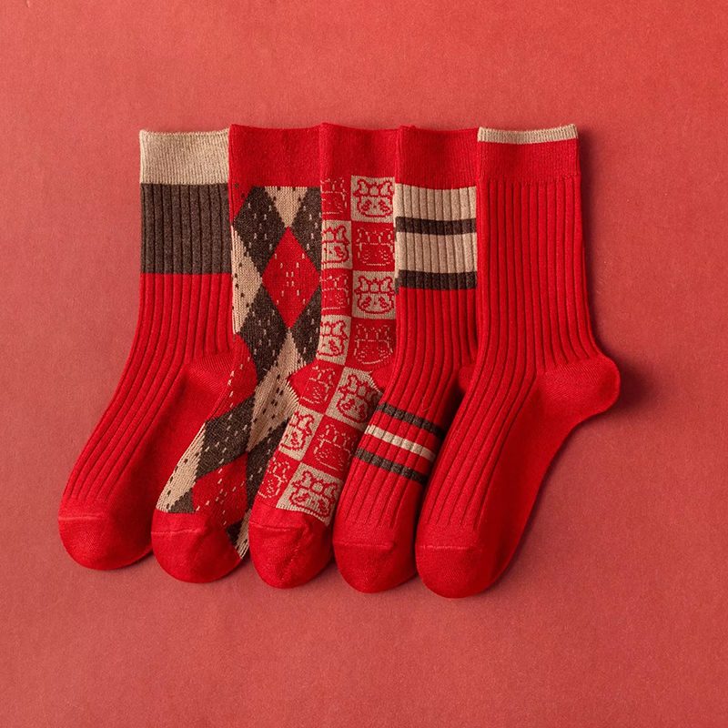 Fashion Red Cotton Printed Mid-calf Socks