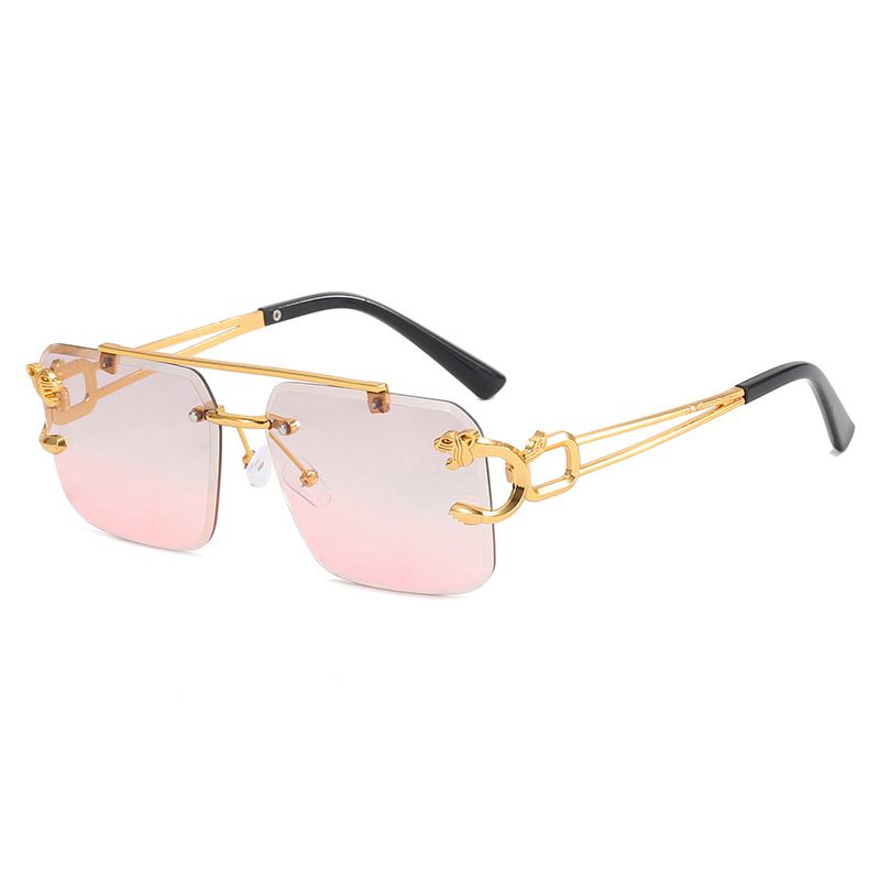 Fashion Dust On Top And Powder On Bottom Leopard Rimless Cut-edge Double Bridge Square Sunglasses