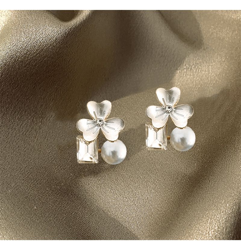 Fashion 25# Alloy Square Diamond Flower Pearl Stud Earrings