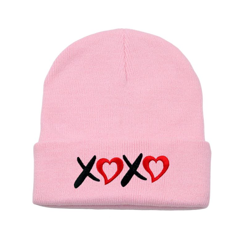 Fashion Pink Acrylic Knitted Embroidered Beanie