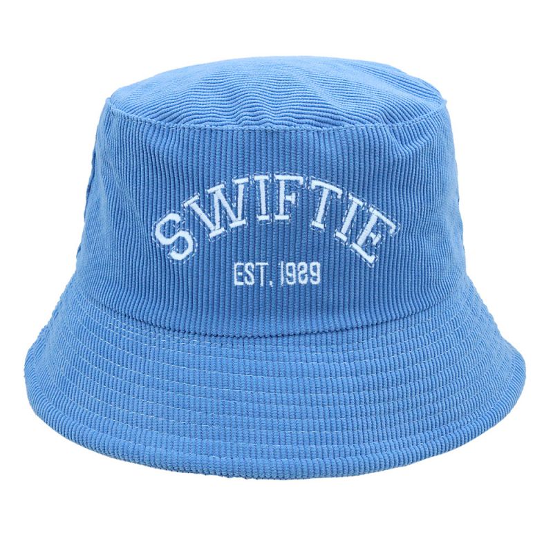 Fashion Sky Blue Corduroy Letter Embroidered Bucket Hat