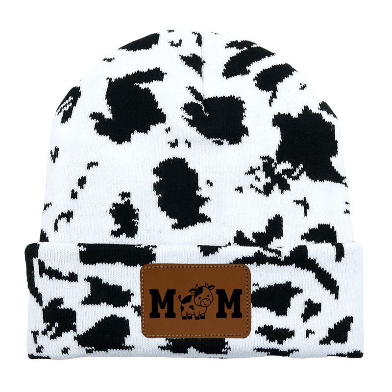 Fashion Pattern Black And White Acrylic Printed Leather Label Beanie