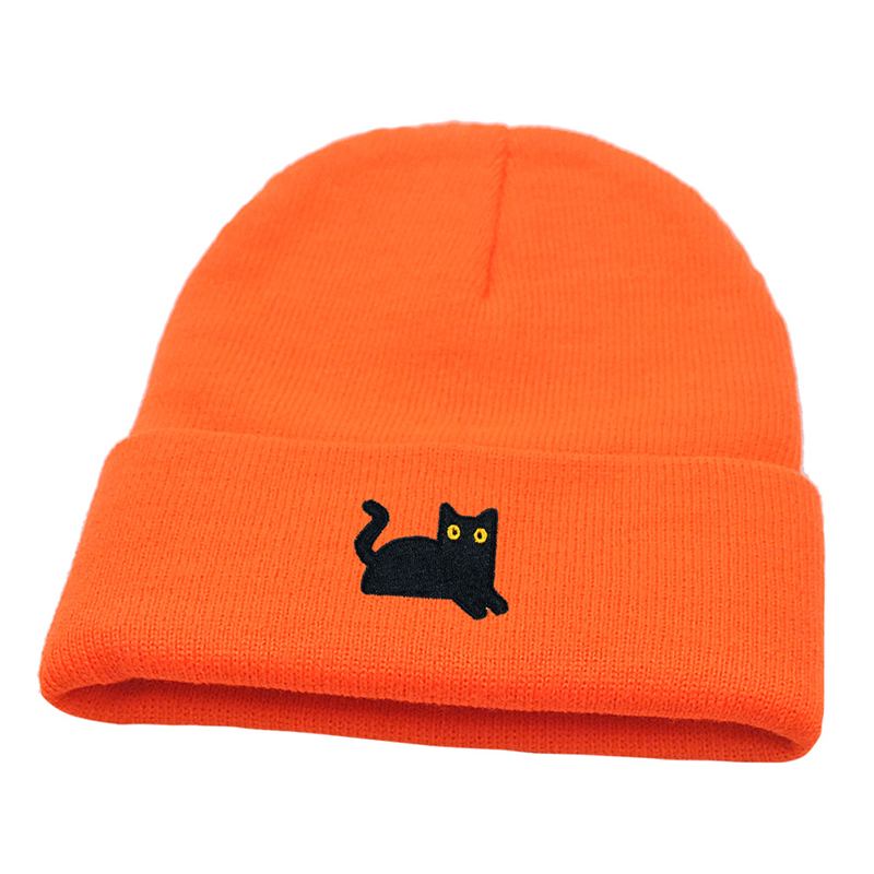 Fashion Orange Black Cat Embroidered Knitted Beanie