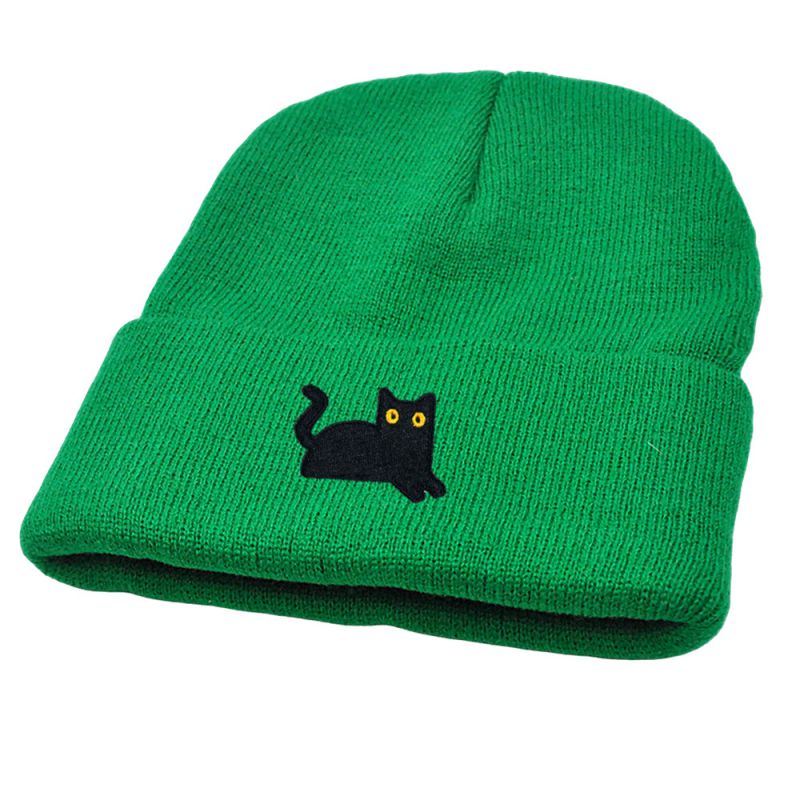 Fashion Grass Green Black Cat Embroidered Knitted Beanie