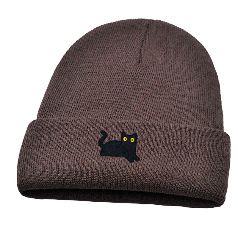 Fashion Brown Black Cat Embroidered Knitted Beanie
