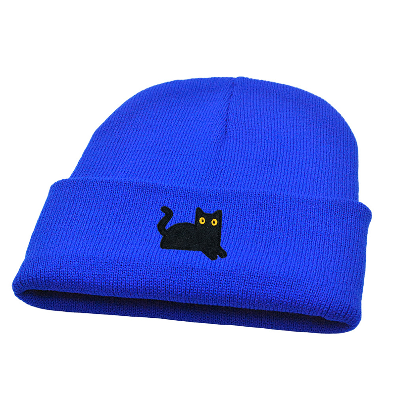 Fashion Royal Blue Black Cat Embroidered Knitted Beanie