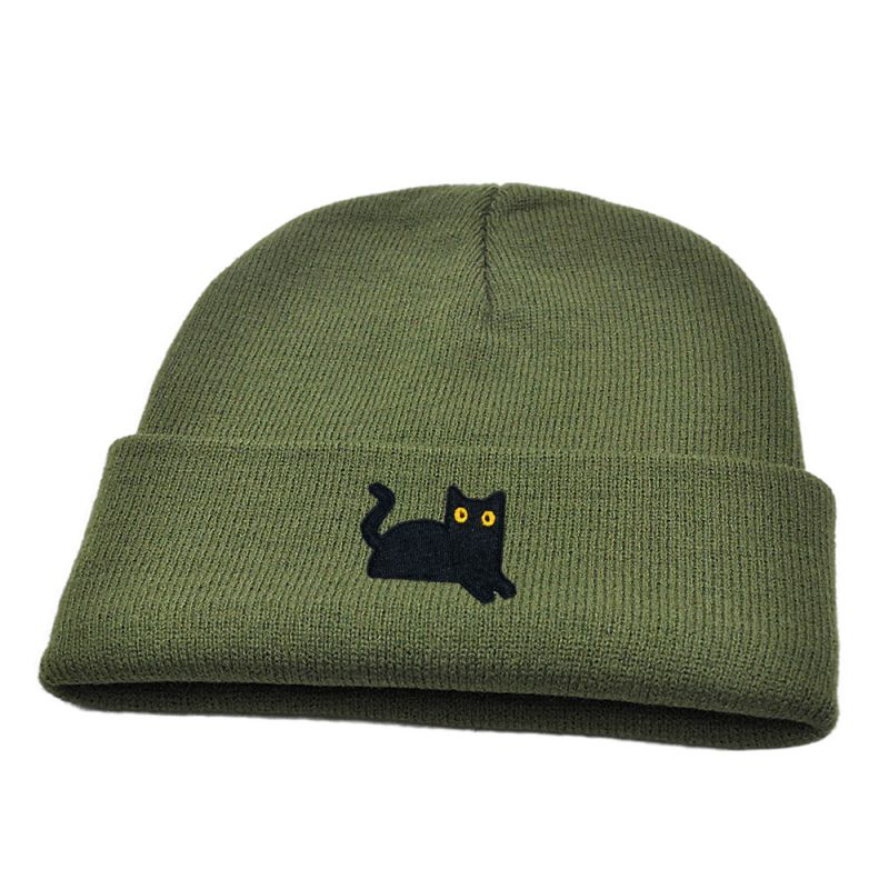 Fashion Armygreen Black Cat Embroidered Knitted Beanie