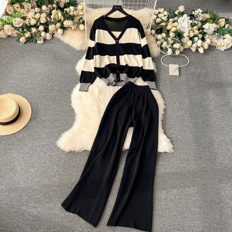 Fashion Black Color Block Striped Knitted Cardigan Sweater High Waist Wide Leg Pants Suit
