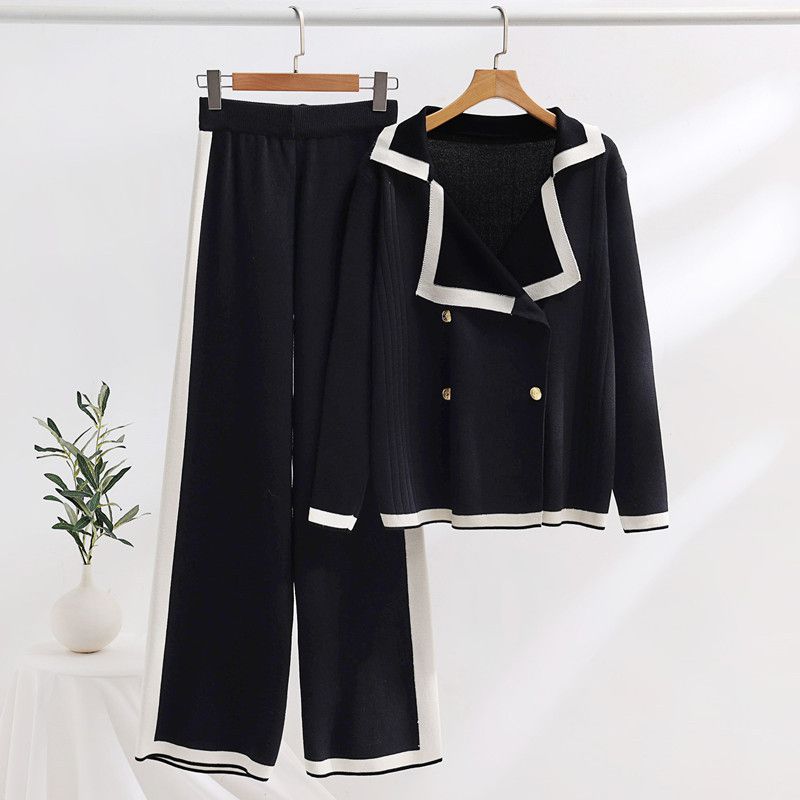 Fashion Black Spandex Knitted Double-breasted Sweater Wide-leg Pants Suit