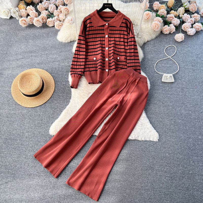 Fashion Rust Red Spandex Striped Knit Top Wide-leg Trousers Suit