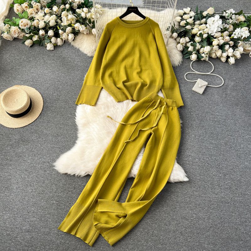 Fashion Yellow-green Spandex Knitted Sweater Wide Leg Pants Suit