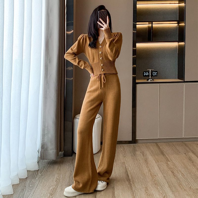 Fashion Khaki Spandex Knitted Buttoned Sweater Wide Leg Pants Suit