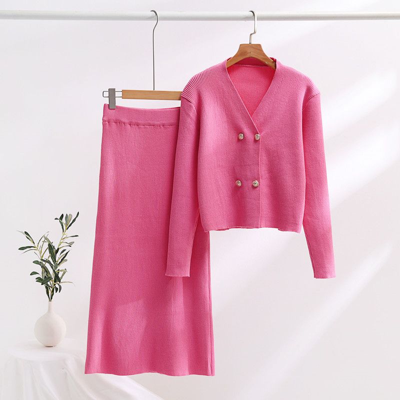 Fashion Pink Spandex Double-breasted Knitted Sweater Skirt Suit
