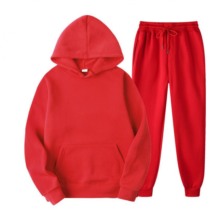 Fashion Red Polyester Hooded Sweatshirt With Leggings And Trousers Set