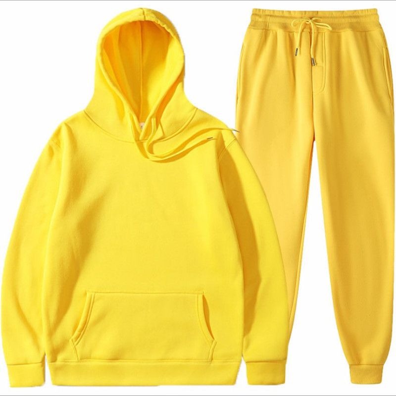 Fashion Yellow Polyester Hooded Sweatshirt With Leggings And Trousers Set