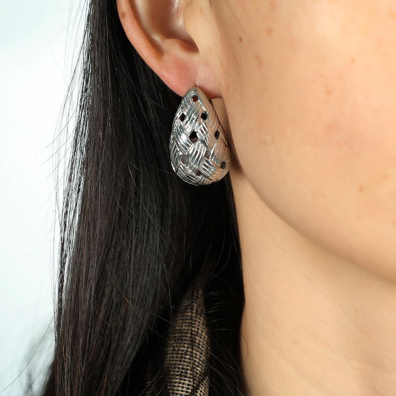 Fashion Silver Titanium Steel Braided Geometric Stud Earrings