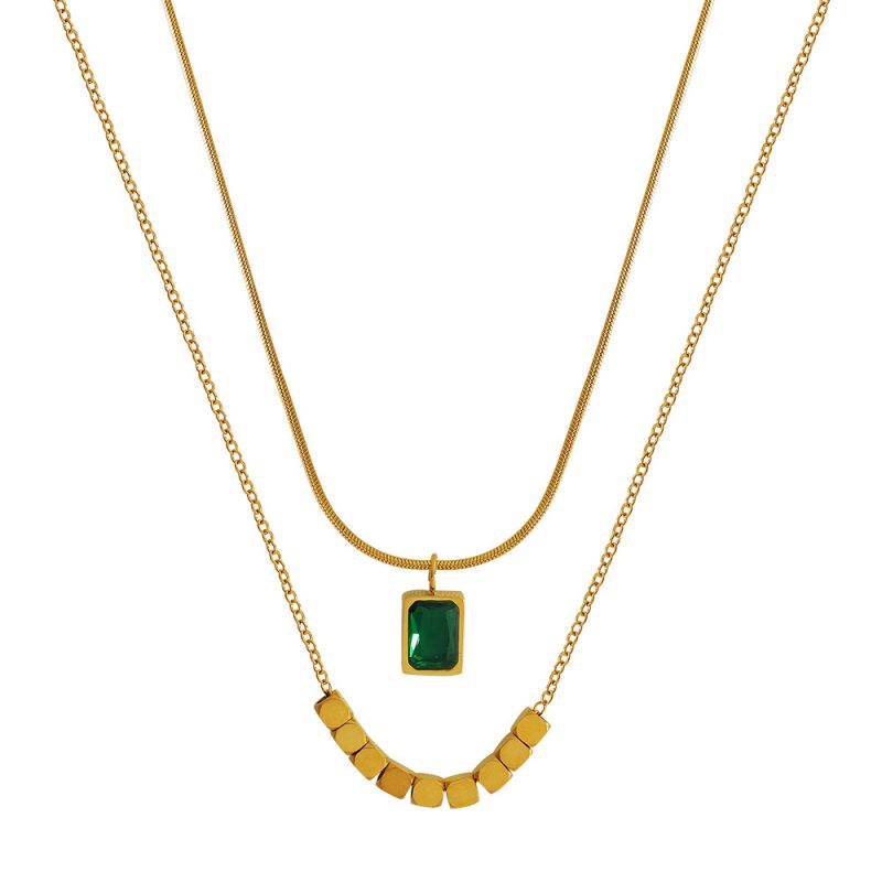 Fashion Gold Metal Square Zirconium Beads Double Necklace
