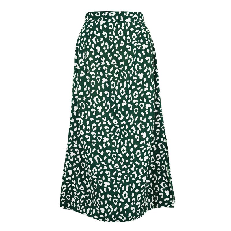 Fashion Dark Green Polyester Leopard Print Slit Skirt