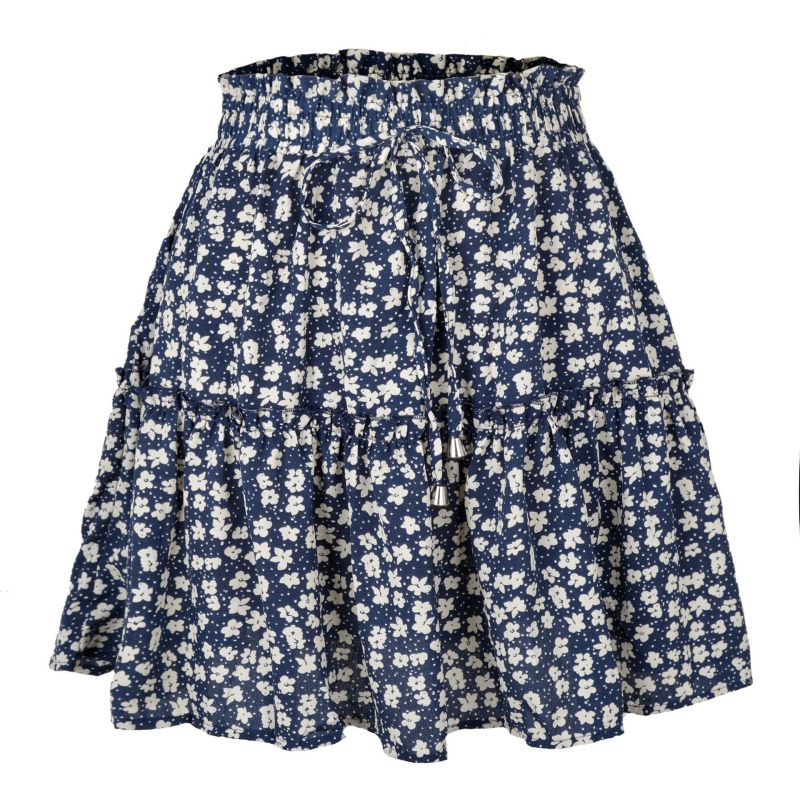 Fashion Navy Blue Polyester Printed High Waist Skirt