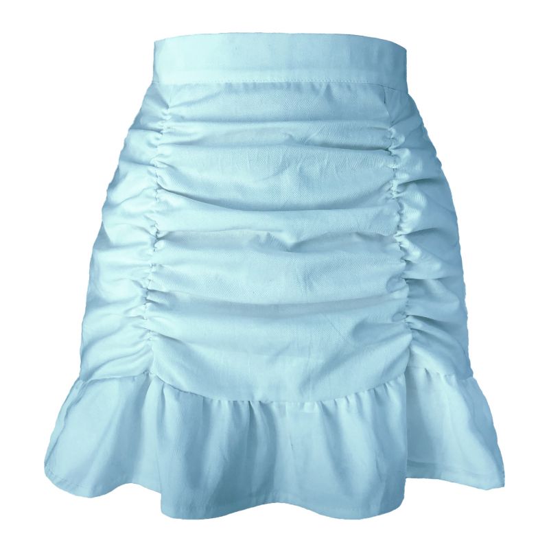 Fashion Blue Cotton Pleated Ruffle Skirt