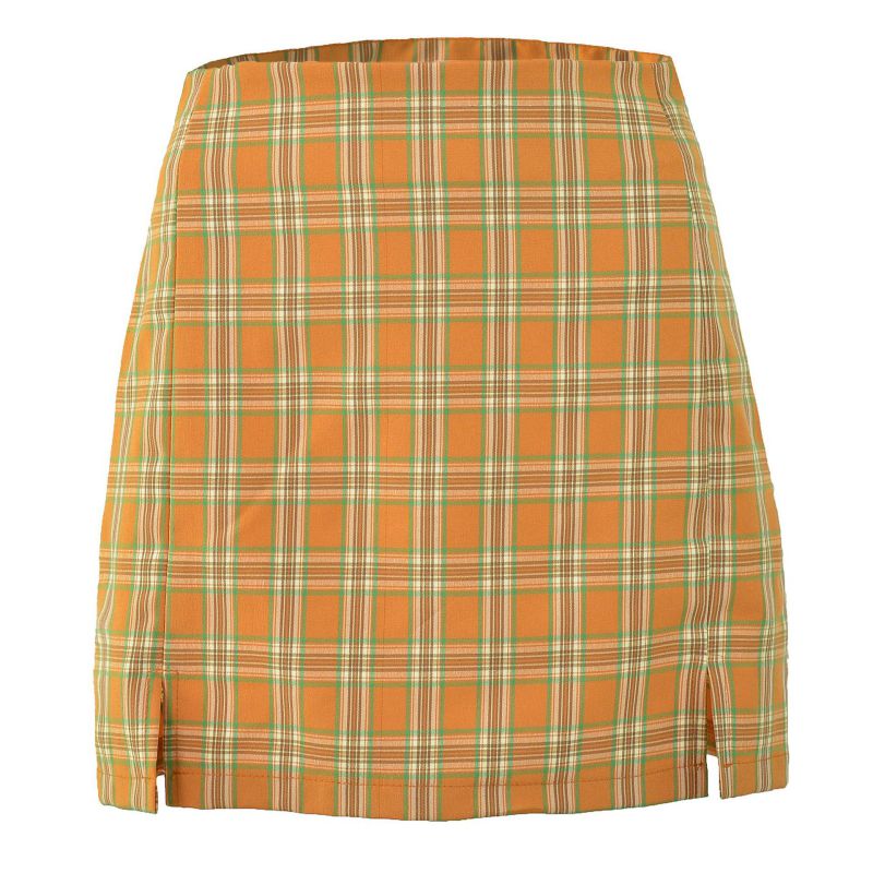 Fashion Orange Polyester Plaid Slit Skirt